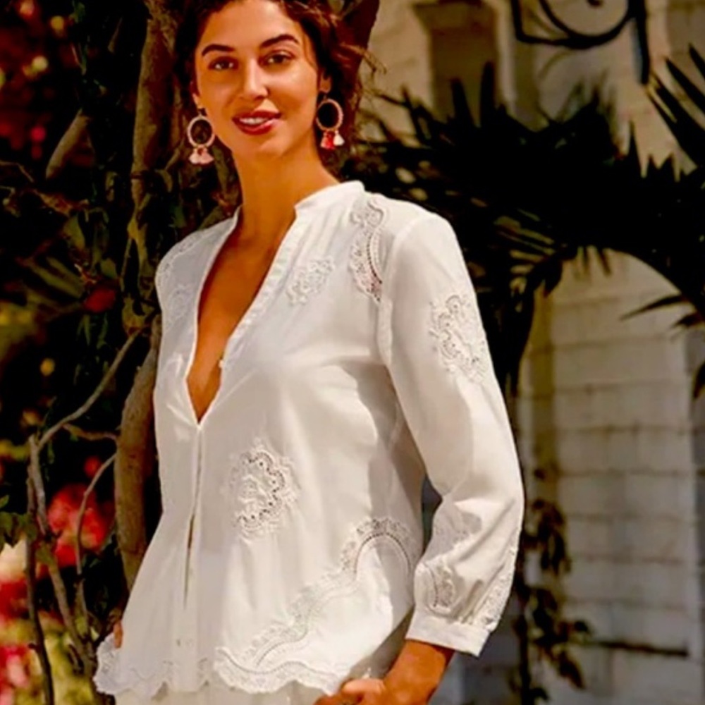 Johnny Was White Embroidered Button-Down Blouse